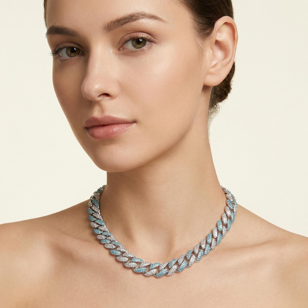 Women's 12mm Pink/Blue Micro Paved Cuban Chain