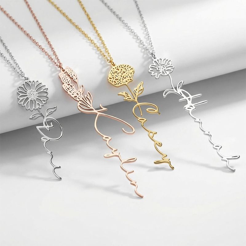 Custom Birth Flower Name Necklace Custom Birth Flower Name Necklace
