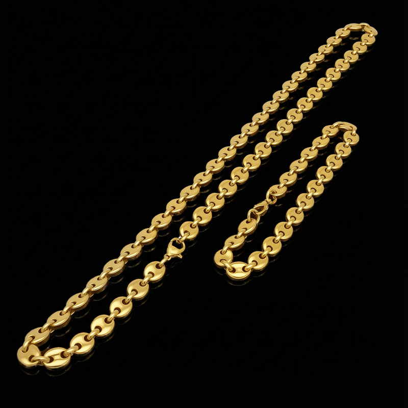 7mm Stainless Steel Coffee Bean Chain Set in Gold