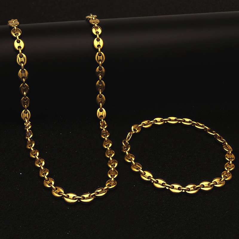 7mm Stainless Steel Coffee Bean Chain Set in Gold