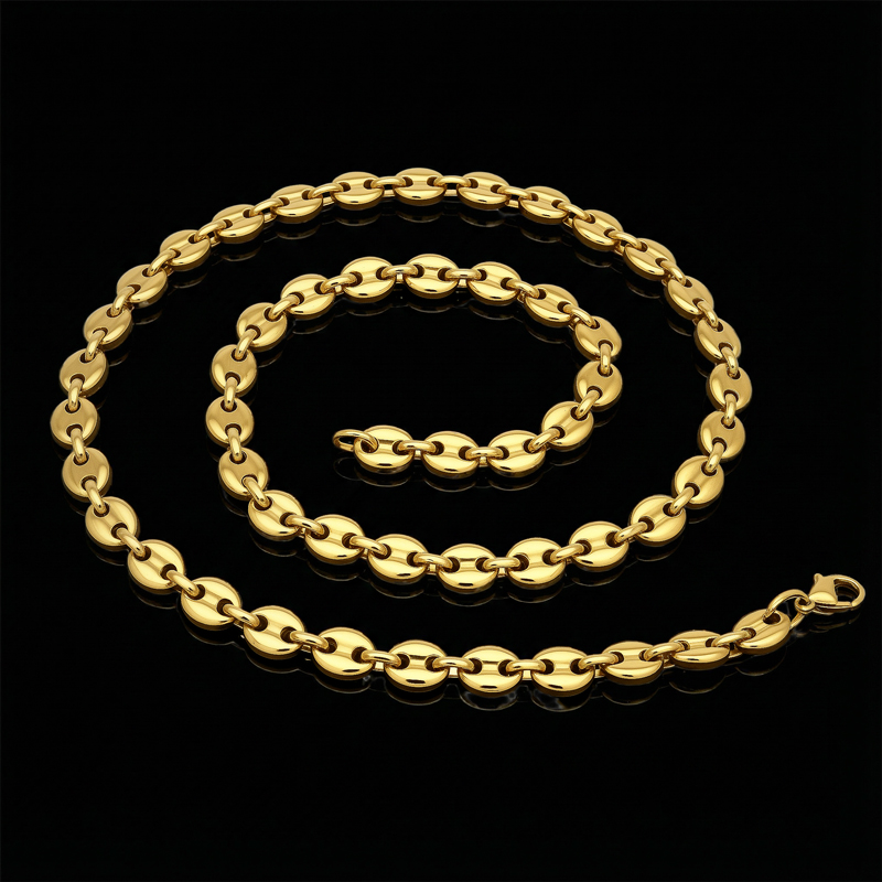 7mm Stainless Steel Coffee Bean Chain Set in Gold
