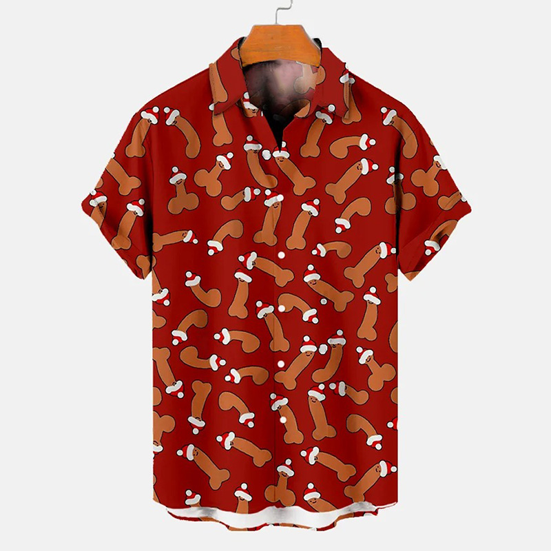 Santa Cock Print Casual Short Sleeve Shirt