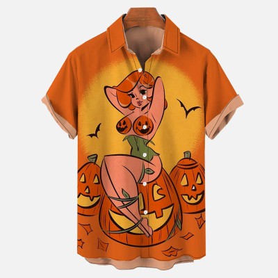 Halloween Charm Pumpkin Print Short Sleeve Shirt