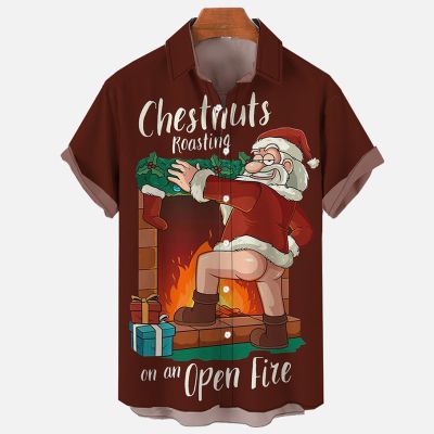 Christmas Elements Red Chestnuts Roasting Printing Men's Short Sleeve Shirt