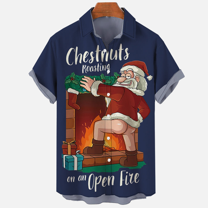 Christmas Elements Red Chestnuts Roasting Printing Men's Short Sleeve Shirt