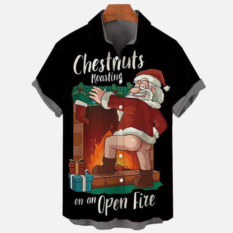 Christmas Elements Red Chestnuts Roasting Printing Men's Short Sleeve Shirt