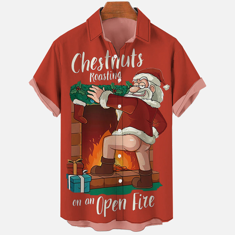 Christmas Elements Red Chestnuts Roasting Printing Men's Short Sleeve Shirt