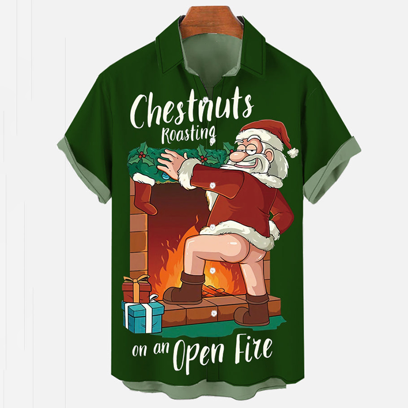 Christmas Elements Red Chestnuts Roasting Printing Men's Short Sleeve Shirt