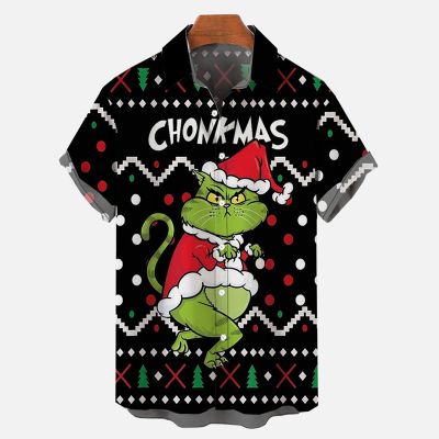 Green Hairy Cat Monster Christmas Stealing Printing Short Sleeve Shirt