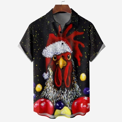 Christmas Rooster Chest Pocket Short Sleeve Casual Shirt