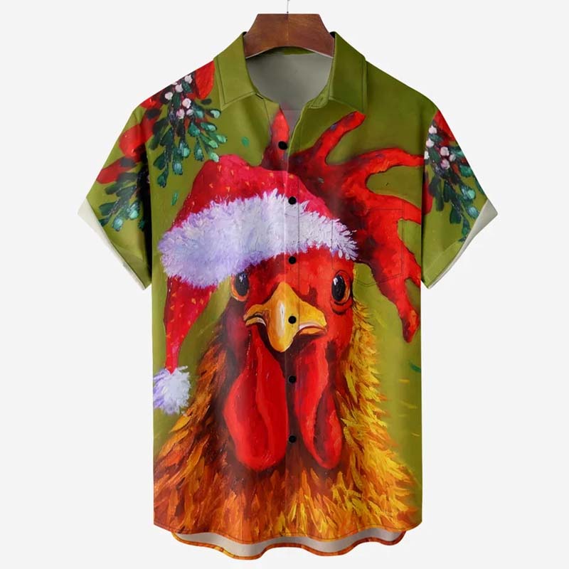 Christmas Rooster Chest Pocket Short Sleeve Casual Shirt