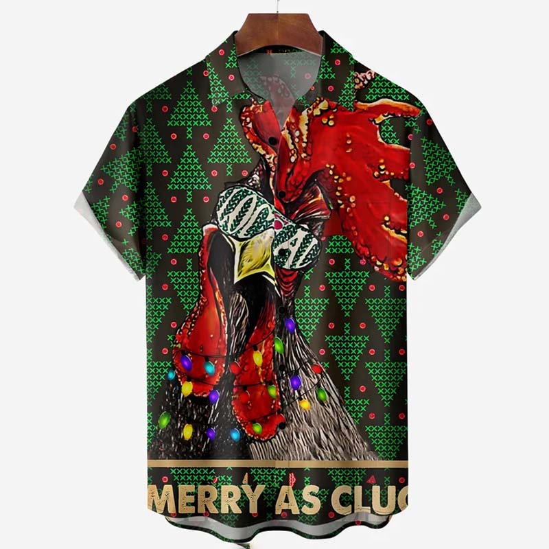 Christmas Rooster Chest Pocket Short Sleeve Casual Shirt