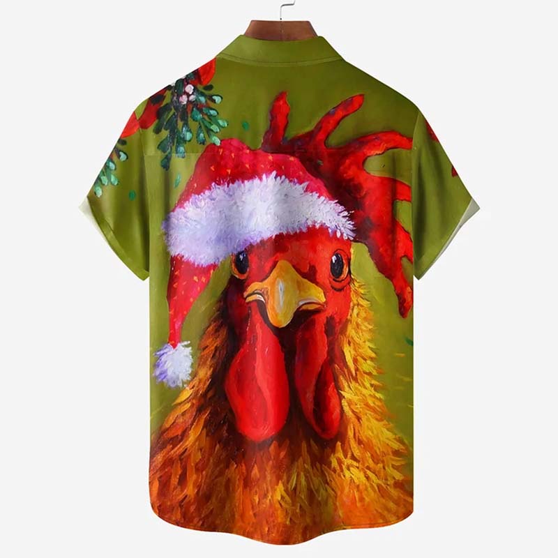 Christmas Rooster Chest Pocket Short Sleeve Casual Shirt