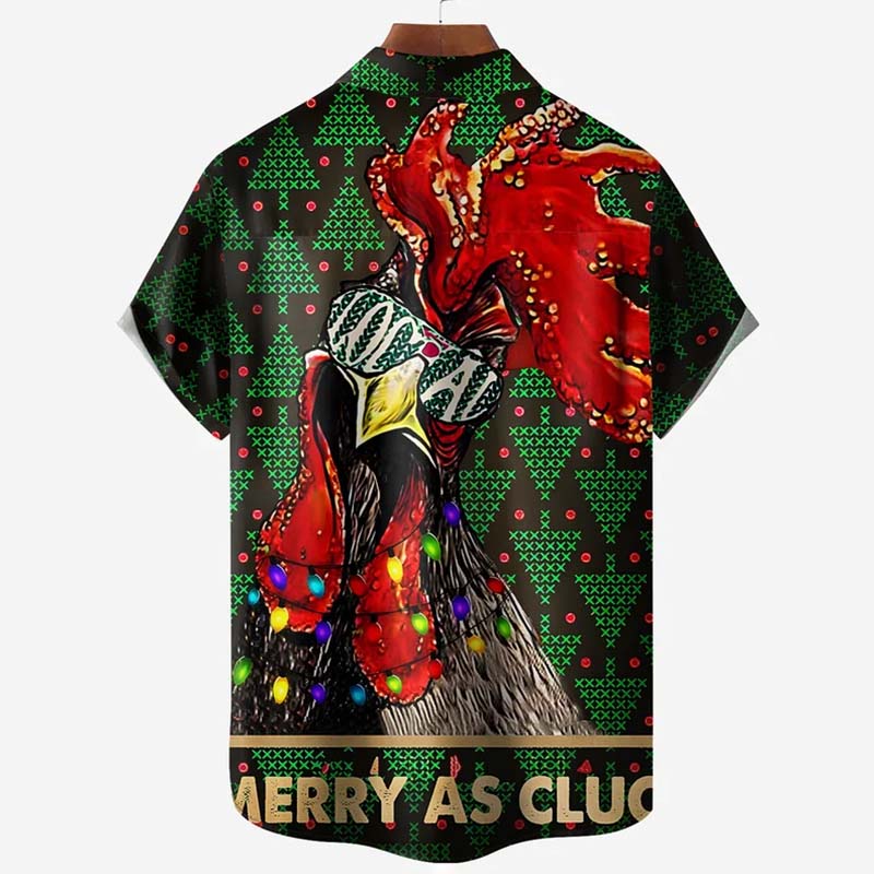 Christmas Rooster Chest Pocket Short Sleeve Casual Shirt