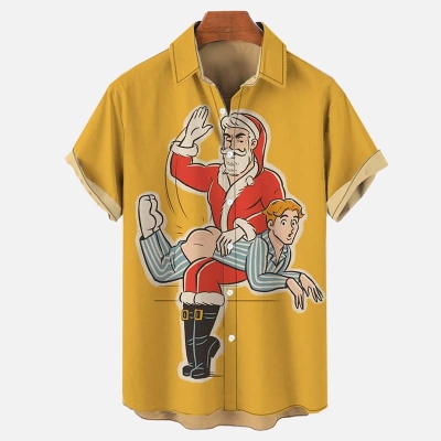 Yellow Christmas Art Funny Santa Claus And Patient Printing Short Sleeve Shirt