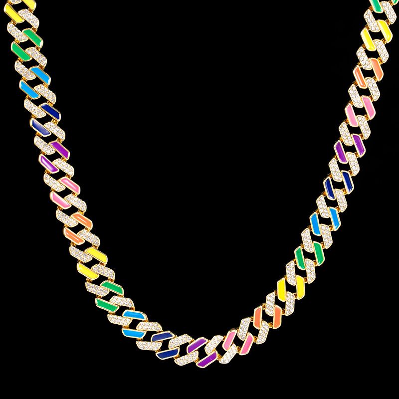 11mm Half Stones Multicolor Prong Cuban Link Chain in Gold