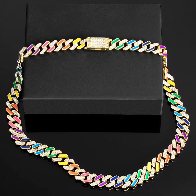 11mm Half Stones Multicolor Prong Cuban Link Chain in Gold