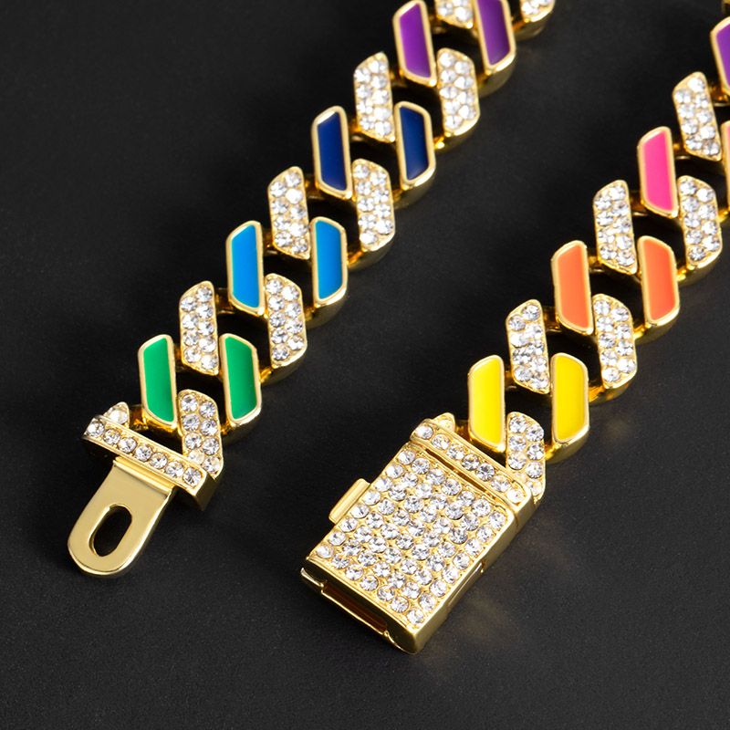 11mm Half Stones Multicolor Prong Cuban Link Chain in Gold