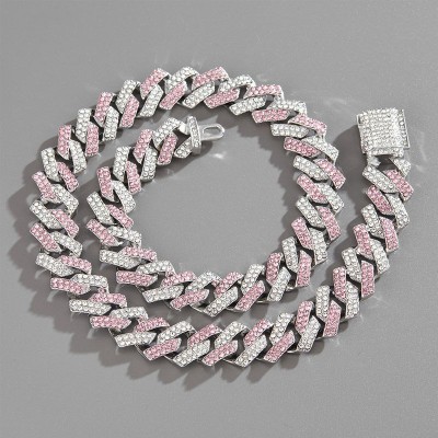 15mm Prong Pink and White Stones Cuban Link Chain