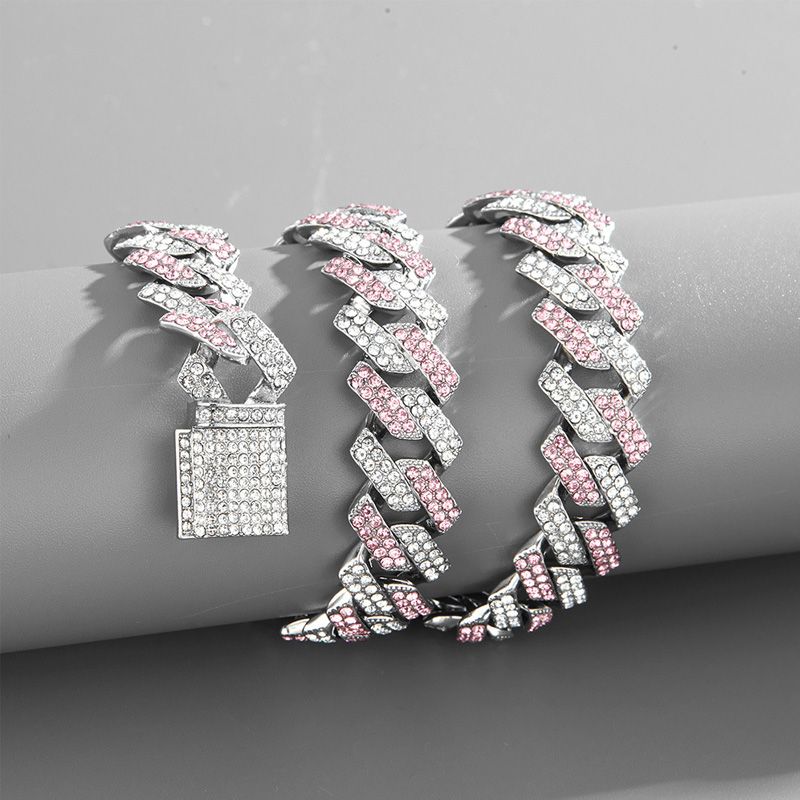 15mm Prong Pink and White Stones Cuban Link Chain