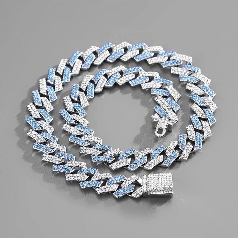 15mm Prong Blue and White Stones Cuban Link Chain