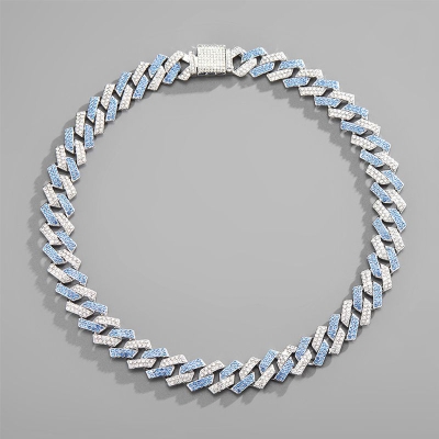 15mm Prong Blue and White Stones Cuban Link Chain
