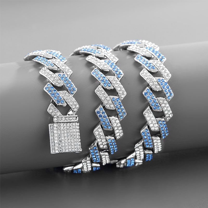 15mm Prong Blue and White Stones Cuban Link Chain