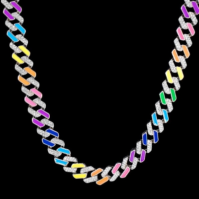 11mm Half Stones Multicolor Prong Cuban Link Chain in White Gold