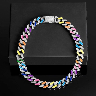 11mm Half Stones Multicolor Prong Cuban Link Chain in White Gold