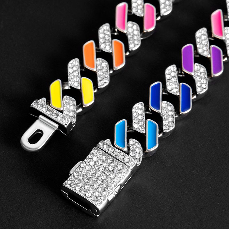 11mm Half Stones Multicolor Prong Cuban Link Chain in White Gold