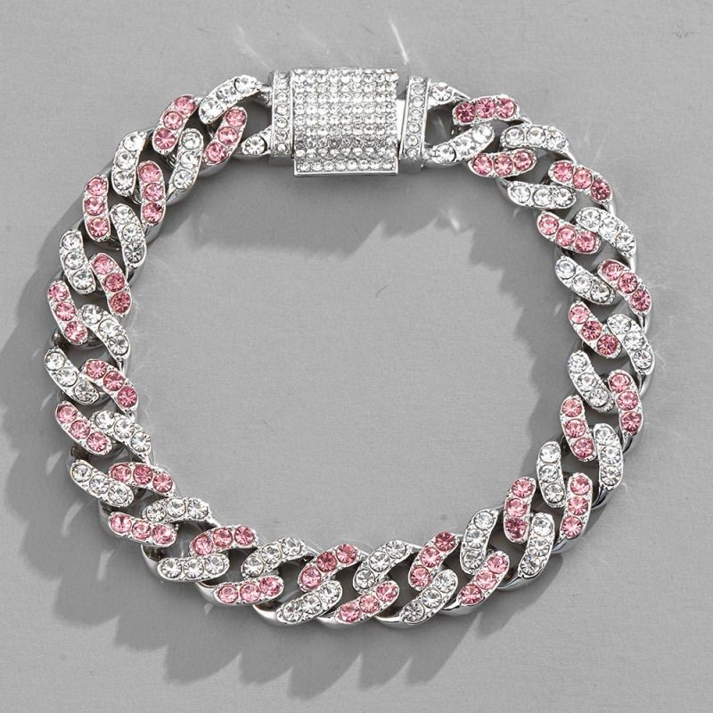 11mm Pink and White Stones Cuban Link Bracelet