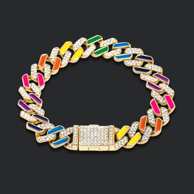 11mm Half Stones Multicolor Prong Cuban Bracelet in Gold