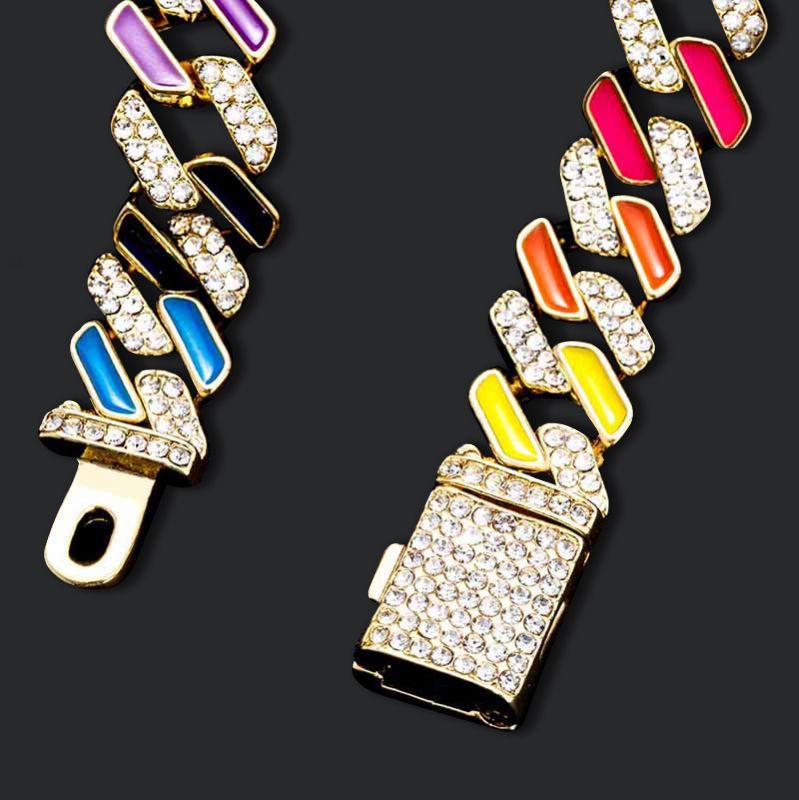 11mm Half Stones Multicolor Prong Cuban Bracelet in Gold