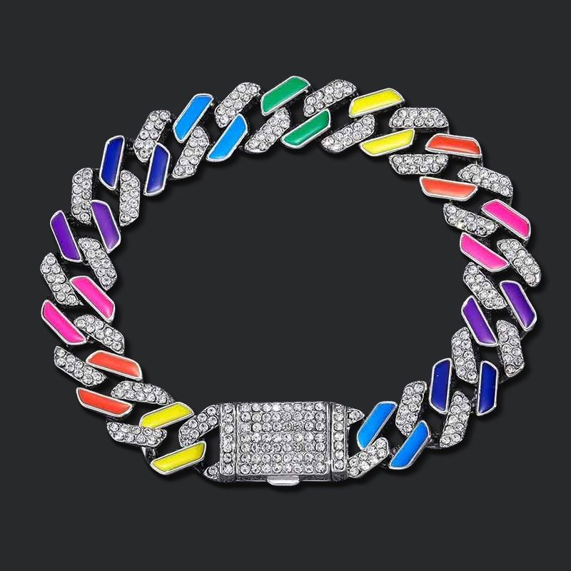 11mm Half Stones Multicolor Prong Cuban Bracelet in White Gold