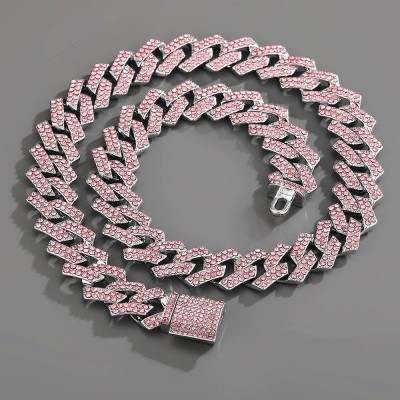 15mm Prong Pink Stones Cuban Link Chain