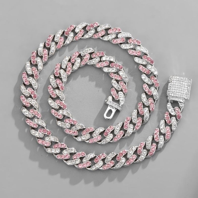 11mm Pink and White Stones Cuban Link Chain