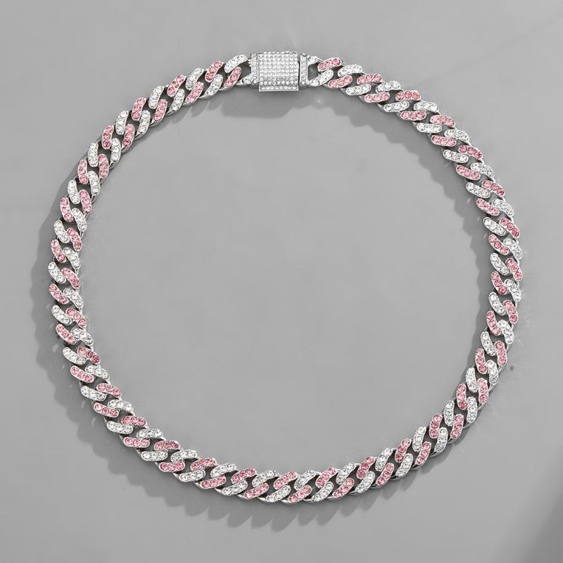 11mm Pink and White Stones Cuban Link Chain