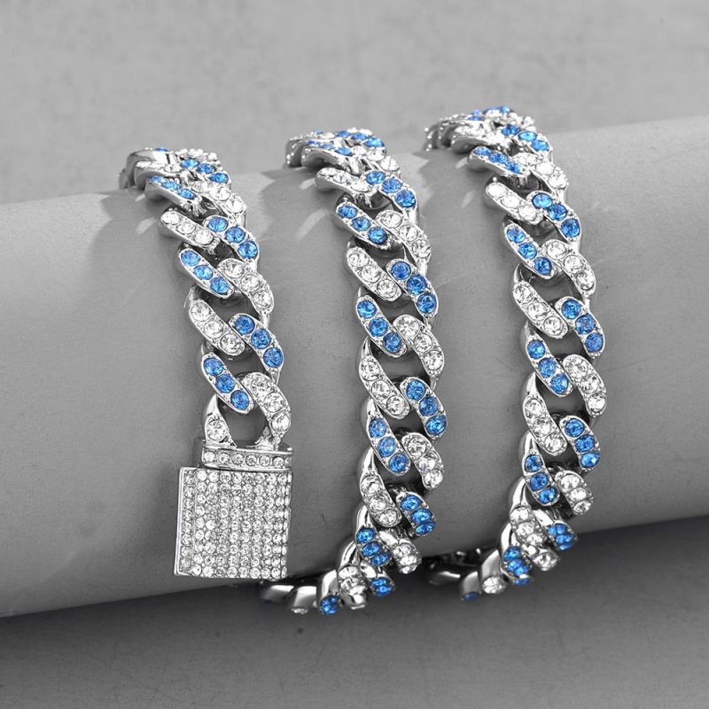 11mm Blue and White Stones Cuban Link Chain
