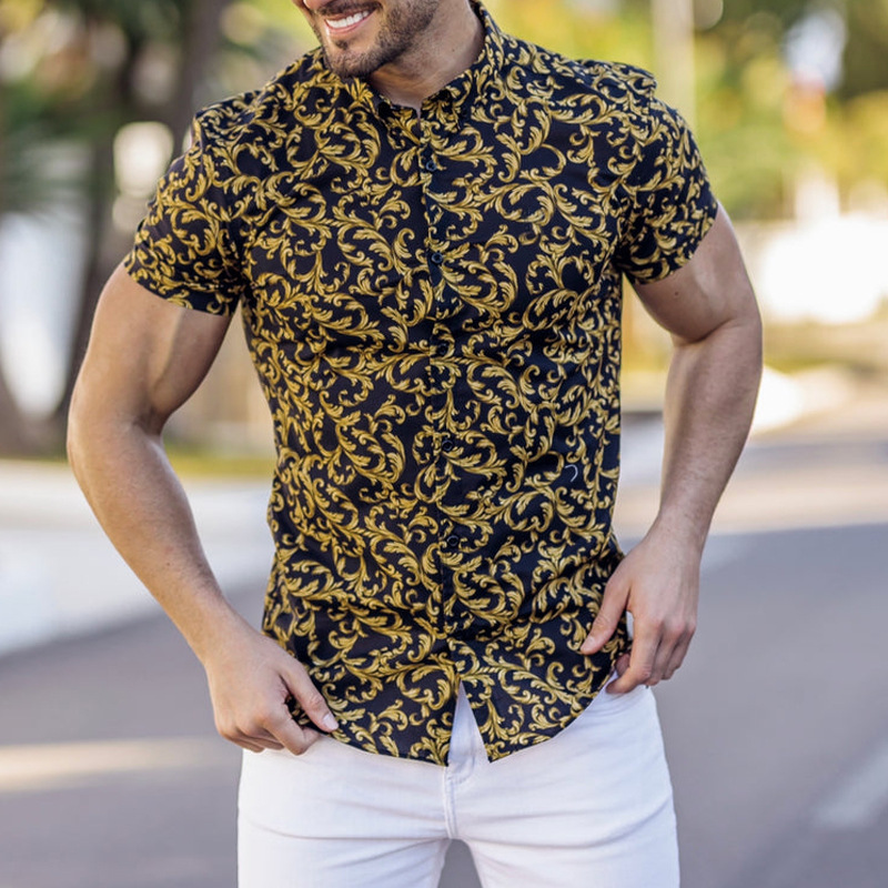 Men's Lapel Print Hawaiian Short Sleeve Shirt