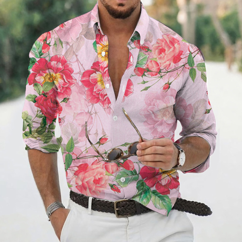 Pink Floral Print Long Sleeve Resort Shirt