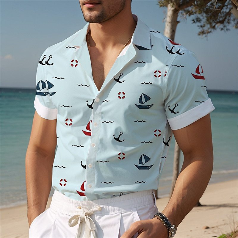 Nautical Print Hawaiian Short Sleeve Shirt