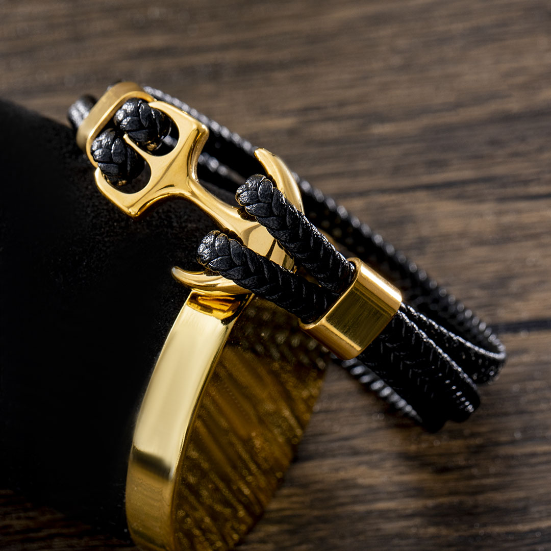 Black Braided Leather Gold Anchor Bracelet