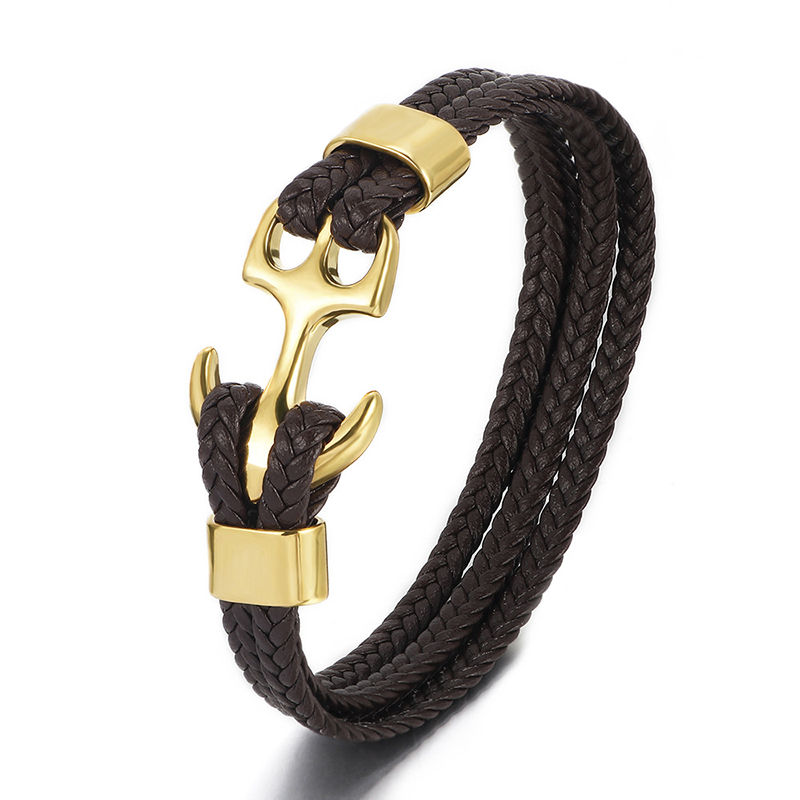 Black Braided Leather Gold Anchor Bracelet