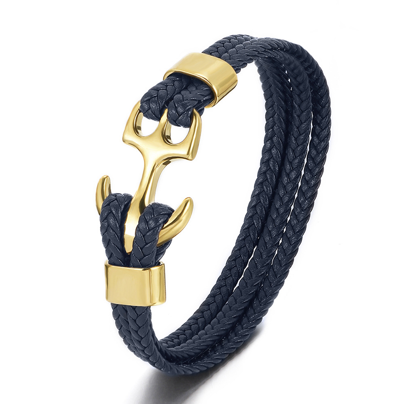 Black Braided Leather Gold Anchor Bracelet