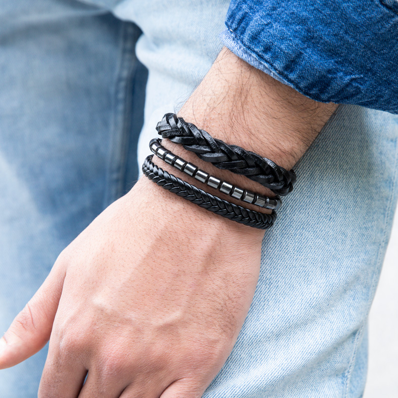 3Pcs Braided Leather Bead Hematite Adjustable Bracelets