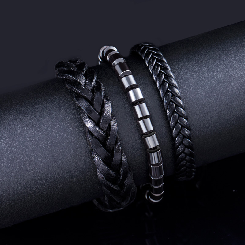 3Pcs Braided Leather Bead Hematite Adjustable Bracelets