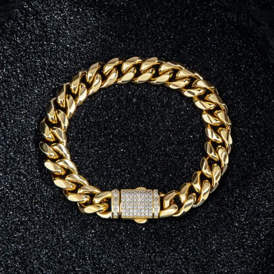 8mm/10mm/12mm/14mm 8'' Stainless Steel Micro-paved Spring Buckle Cuban Bracelet In Gold