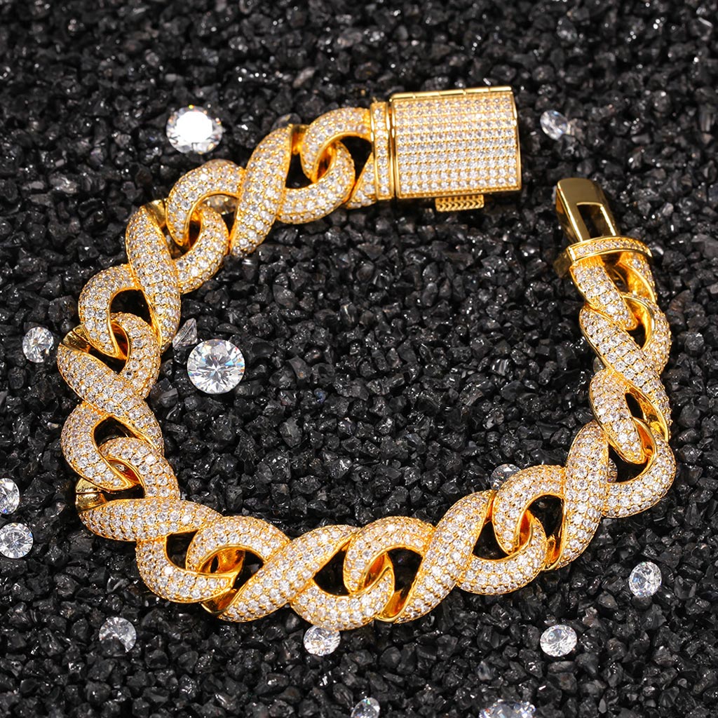 15mm Iced Infinity Bracelet with Box Clasp in Gold