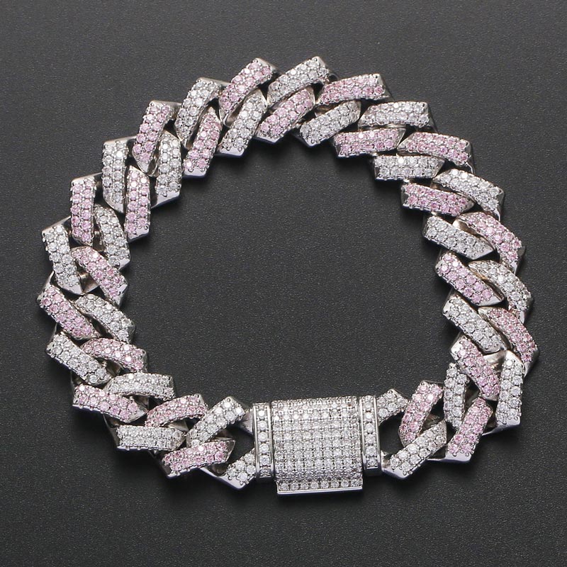 Pink and White Stones 14mm Cuban Prong Bracelet in White Gold