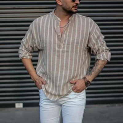 Linen Stripe Henley Collar Long Sleeve Shirt
